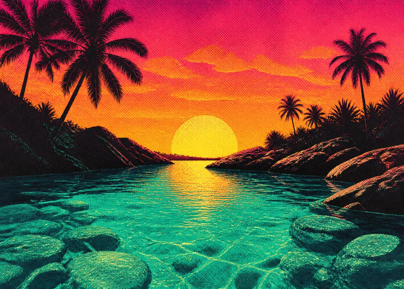 Retro screen-printed illustration of a clear turquoise spring at sunset
